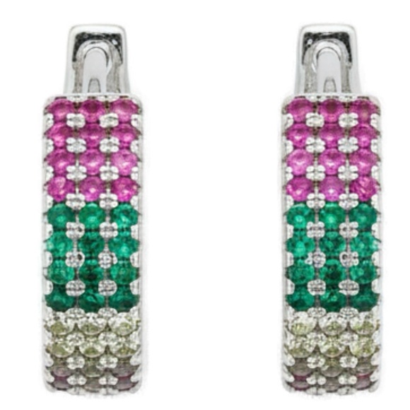 Multicolor Rainbow CZ 18K White Gold Filled Huggie Hoop Earrings - Picture 2 of 7